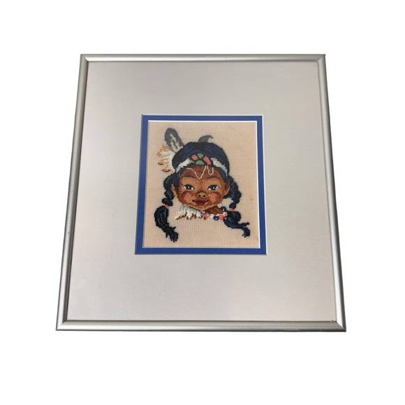 Petit Point Framed Wall Art, Native American Girl, Needlepoint - Picture 1 of 11